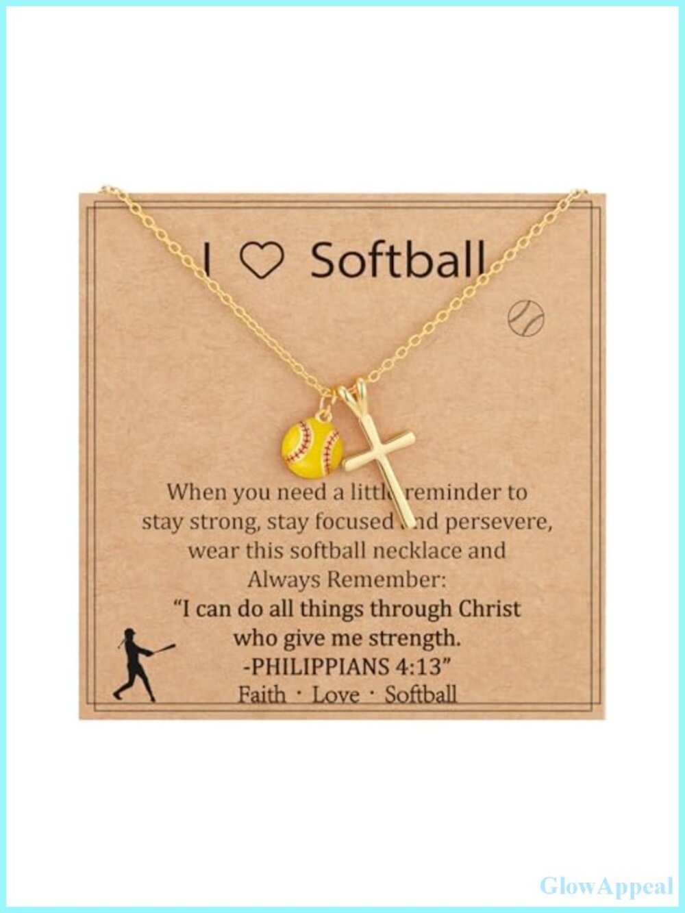 Softball Cross Pendant Necklace, 16-19 Inch Brass Chain, Christian Sports Gift